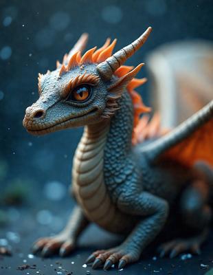 The primary subject of the image is a dragon figurine, which is a toy or model of a dragon. The setting is a dark room, and the visual style is a digital art or illustration. The dragon figurine is the main focus of the image, and it is depicted in a close-up view. The colors and mood of the image are dark and mysterious, with the dragon figurine being the main source of light and interest.